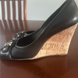 Tory Burch Wedge cork heel, black leather, open toe. Great Shape!